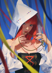 Rule 34 | 1girl, absurdres, bare shoulders, blue background, blue eyes, blue ribbon, blunt bangs, breasts, cleavage, closed mouth, cross-laced clothes, eyelashes, freckles, hands up, hat, highres, holding, holding jewelry, holding necklace, jewelry, korean commentary, long sleeves, looking at viewer, medium breasts, medium hair, nail polish, necklace, off shoulder, original, osuk2, pink ribbon, red hair, red nails, ribbon, signature, solo, straight hair, unworn jewelry, unworn necklace, upper body, white hat, white sleeves, wide sleeves, yellow ribbon, zipper