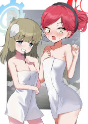 Rule 34 | 2girls, absurdres, apron, ass, blue archive, blue halo, blush, breasts, brown hair, cleavage, collarbone, cowboy shot, grey eyes, halo, highres, long hair, medium breasts, mochini, multiple girls, open mouth, red hair, red halo, short hair, small breasts, takane (blue archive), white apron, yakumo (blue archive), yellow eyes