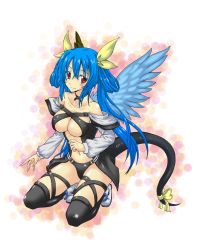 Rule 34 | 1girl, asymmetrical wings, bare shoulders, blue hair, blush, breasts, choker, dizzy (guilty gear), full body, guilty gear, large breasts, long hair, navel, ozaneko, red eyes, ribbon, smile, solo, squatting, tail, tail ornament, tail ribbon, thighhighs, twintails, underboob, wings