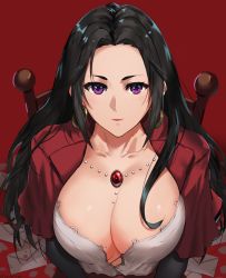 Rule 34 | 10s, 1girl, black hair, breasts, capelet, cattleya baudelaire, collarbone, earrings, envelope, highres, jewelry, large breasts, long hair, looking at viewer, mole, mole on breast, necklace, open clothes, open shirt, pink lips, purple eyes, sendo (sendrawz), shirt, smile, solo, upper body, violet evergarden (series)