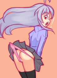 Rule 34 | !, 1girl, ahoge, ass, black skirt, black thighhighs, blue sweater, butt crack, drantyno, from behind, grey hair, highres, long hair, looking at viewer, looking back, open mouth, panties, pink panties, red eyes, skirt, standing, striped clothes, striped sweater, surprised, sweater, teeth, thighhighs, underwear, wedgie