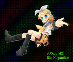 Rule 34 | 1girl, :d, arm at side, arm warmers, belt, black footwear, blonde hair, blouse, blue eyes, blush, boots, bow, character name, copyright name, hair bow, hair ornament, hairclip, headphones, kagamine rin, kagamine rin (if), looking at viewer, microphone, open mouth, outstretched arm, reaching, ribbon, sailor collar, shirt, short hair, shorts, sleeveless, smile, solo, swept bangs, taicho128, vocaloid, white bow, white shirt, yellow ribbon, yellow shorts