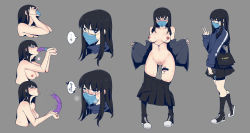 Rule 34 | 1girl, absurdres, bag, bare shoulders, black eyes, black hair, black legwear, blue jacket, breasts, cellphone, covered mouth, dildo, dildo gag, dildo reveal, dildo under mask, gag, glasses, grey background, heart, heart-shaped pupils, highres, jacket, long hair, looking at viewer, mask, mouth mask, nipple piercing, nipples, nude, original, phone, piercing, pussy juice, saliva, saliva trail, sex toy, shoes, simple background, skirt, sorutopg, speech bubble, surgical mask, symbol-shaped pupils, throat bulge, tongue, tongue out, v, vibrator, vibrator cord
