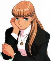 Rule 34 | 1990s (style), 1girl, absurdres, blonde hair, braid, buttons, coat, female focus, green eyes, gundam, gundam wing, hand on own cheek, hand on own face, highres, jacket, jewelry, looking at viewer, medallion, necklace, relena peacecraft, retro artstyle, smile, solo, suit jacket, thick eyebrows, upper body, white background