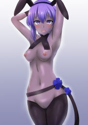 Rule 34 | 1girl, absurdres, animal ears, armpits, arms up, black hairband, blush, breasts, dark-skinned female, dark skin, fake animal ears, fate/grand order, fate/prototype, fate/prototype: fragments of blue and silver, fate (series), hairband, hassan of serenity (fate), highres, jon suwako, meme attire, navel, nipples, purple eyes, purple hair, rabbit ears, revealing clothes, reverse bunnysuit, reverse outfit, small breasts, solo, sweatdrop