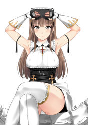 Rule 34 | 1girl, arm ribbon, armpits, arms up, bad id, bad pixiv id, black eyes, black ribbon, blunt bangs, blush, breasts, brown hair, closed mouth, covered erect nipples, cross, crossed legs, dress, gloves, goggles, goggles on head, highres, lace, lace-trimmed legwear, lace trim, long hair, looking at viewer, medium breasts, panties, pantyshot, ribbon, rin (seven knights), seven knights, sidelocks, simple background, sitting, smile, solo, thighhighs, thighs, underwear, white background, white gloves, white panties, white thighhighs, xter