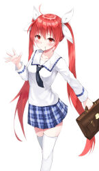 Rule 34 | 1girl, absurdres, ahoge, bag, black necktie, blush, bow, breasts, candy, collarbone, date a live, food, highres, holding, holding suitcase, itsuka kotori, long sleeves, necktie, no ho, plaid, plaid skirt, red eyes, red hair, school uniform, skirt, small breasts, suitcase, thighhighs, twintails, uniform, white background, white bow, white thighhighs, zettai ryouiki