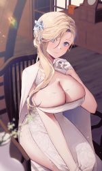 Rule 34 | 1girl, absurdres, azur lane, bad id, bad pixiv id, blonde hair, blue eyes, blurry, blurry foreground, breasts, cape, chair, cleavage, closed mouth, commentary, cowboy shot, diffraction spikes, dress, gloves, hair ornament, hair over shoulder, hand up, highres, hood (azur lane), indoors, jewelry, large breasts, lens flare, light smile, long hair, looking at viewer, moonlgnance, parted bangs, ring, side slit, sitting, sleeveless, sleeveless dress, solo, wedding band, white cape, white dress, white gloves, white theme