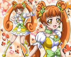 Rule 34 | 1girl, :d, boots, bow, brooch, clubs, cure rosetta, dokidoki! precure, fighting stance, hanzou, heart, heart brooch, long hair, matching hair/eyes, open mouth, orange eyes, orange hair, outstretched arm, precure, smile, solo, sparkle, standing, twintails, waist bow, weapon, yotsuba alice