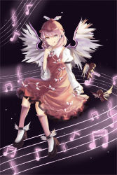 Rule 34 | 1girl, :q, animal ears, arm at side, bad id, bad pixiv id, bird, bird ears, bird wings, black footwear, brown dress, brown hat, closed mouth, collared shirt, commentary, da malu, dress, eighth note, eyebrows hidden by hair, feathered wings, fingernails, frilled dress, frills, full body, hand up, hat, high heels, highres, juliet sleeves, kneehighs, long fingernails, long sleeves, looking at viewer, medium hair, musical note, mystia lorelei, pink eyes, pink hair, pink socks, puffy sleeves, sharp fingernails, shirt, sixteenth note, socks, solo, tongue, tongue out, touhou, treble clef, white shirt, winged footwear, winged hat, wings
