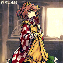 Rule 34 | 1girl, apron, bad id, bad pixiv id, bell, book, book stack, checkered clothes, checkered kimono, covering own mouth, frilled sleeves, frills, green skirt, hair ornament, holding, holding book, japanese clothes, jingle bell, kimono, long sleeves, looking at viewer, lowres, meimaru inuchiyo, motoori kosuzu, orange eyes, orange hair, skirt, solo, touhou, two side up, upper body, wide sleeves, yellow apron
