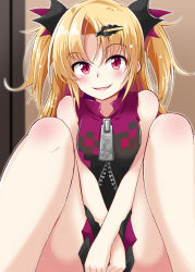 Rule 34 | 1girl, akatsuki uni, bare shoulders, blonde hair, blush, hair ornament, hairclip, ichimi, looking at viewer, open mouth, pink eyes, shirt, simple background, skirt, sleeveless, sleeveless shirt, smile, solo, two side up, uni create, virtual youtuber, zipper