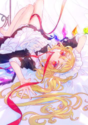 Rule 34 | 1girl, alternate costume, apron, barefoot, black dress, blonde hair, collared dress, commentary request, crystal, dress, enmaided, flandre scarlet, frilled shirt collar, frills, full body, gradient eyes, hand on own head, highres, hinasumire, knees up, long hair, looking at viewer, lying, maid, maid apron, maid headdress, mouth hold, multicolored eyes, nail polish, on back, on bed, one side up, orange eyes, purple eyes, red eyes, red nails, red ribbon, ribbon, ribbon in mouth, sleeves past elbows, solo, touhou, upside-down, white apron, wings