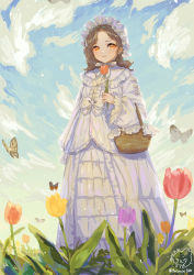 Rule 34 | 1girl, absurdres, basket, bow, brown hair, bug, butterfly, center frills, cloud, day, dress, dress bow, feet out of frame, field, flower, flower field, frilled dress, frills, hat, highres, holding, holding flower, insect, layered dress, long dress, long sleeves, looking at viewer, mob cap, orange eyes, orange flower, original, parted bangs, parted lips, pink flower, purple flower, purple tulip, sangatsu (mitsuki358), smile, solo, standing, tulip, white bow, white dress, white hat, yellow flower