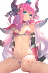 Rule 34 | 1girl, armor, bikini armor, blue eyes, blush, breasts, curled horns, elizabeth bathory (brave) (fate), elizabeth bathory (fate), elizabeth bathory (fate), elizabeth bathory (fate/grand order), fate/grand order, fate (series), gauntlets, horns, jewelry, long hair, navel, pauldrons, pink hair, pointy ears, shoulder armor, sitting, small breasts, smile, solo, tail, wariza, white background, yoshimoto (dear life)
