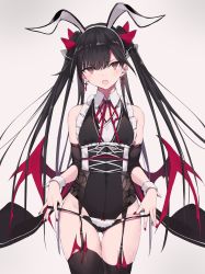 Rule 34 | 1girl, :o, animal ears, bare shoulders, black hair, black leotard, black panties, black thighhighs, blush, bow, commentary request, cowboy shot, cross, cross earrings, demon wings, detached collar, detached sleeves, earrings, fake animal ears, frills, garter straps, hair bow, highres, jewelry, leotard, long hair, looking at viewer, nail polish, nanananana, neck ribbon, open mouth, original, panties, panty pull, rabbit ears, red bow, red eyes, red nails, red ribbon, ribbon, simple background, solo, standing, thigh gap, thighhighs, twintails, underbust, underwear, very long hair, white background, wide sleeves, wings, wrist cuffs