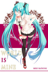 Rule 34 | 1girl, aqua eyes, aqua hair, black thighhighs, fingerless gloves, frilled skirt, frills, gloves, hair between eyes, hand on own hip, hatsune miku, highres, jewelry, long hair, nail polish, open mouth, pendant, pointing, pointing down, scrunchie, skirt, solo, takanashie, thighhighs, twintails, very long hair, vocaloid, world is mine (vocaloid), zettai ryouiki