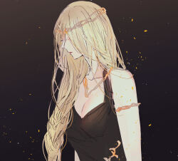 Rule 34 | 1girl, absurdres, armlet, bare arms, bare shoulders, black dress, blonde hair, braid, breasts, cleavage, crown, dress, elden ring, embers, gold diadem, gold necklace, hair over eyes, helen (helen2210hk), highres, jewelry, long braid, long hair, medium breasts, necklace, queen, queen marika the eternal, single braid, sleeveless, sleeveless dress, solo