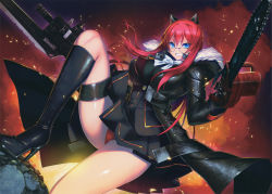 Rule 34 | absurdres, artbook, black footwear, black gloves, blood, blue eyes, boots, chain, glasses, gloves, gun, high heel boots, high heels, highres, holding, holding weapon, jacket, kibanohara ethica, long hair, nitroplus, official art, oosaki shin&#039;ya, panties, red hair, red panties, ribbon, scan, skirt, smile, solo, source request, tokyo necro, underwear, weapon