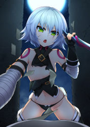 Rule 34 | &gt;:o, 1girl, :o, areola slip, arm belt, bandaged arm, bandages, bare shoulders, black gloves, breasts, commentary request, convenient censoring, dagger, fate/apocrypha, fate (series), fingerless gloves, full moon, gloves, green eyes, hair between eyes, healther, highres, jack the ripper (fate/apocrypha), knife, looking at viewer, moon, navel, night, open mouth, scar, scar on face, short hair, silver hair, small breasts, solo focus, torn clothes, v-shaped eyebrows, weapon