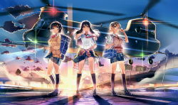 Rule 34 | 3girls, adjusting eyewear, aircraft, bag, between breasts, black eyes, black hair, black socks, blue eyes, boeing, boeing defense, space &amp; security, bow, bowtie, breasts, brown hair, cardigan, ch-47 chinook, clothes around waist, cloud, cloudy sky, coppelion, fukasaku aoi, full body, glasses, hand on own hip, helicopter, kneehighs, lens flare, loafers, long hair, looking at viewer, miniskirt, multiple girls, naruse ibara, necktie, nomura taeko, open mouth, plaid, plaid skirt, pleated skirt, school bag, school uniform, shirt, shoes, short hair, short ponytail, shoulder bag, siqi (miharuu), skirt, sky, sleeves rolled up, socks, standing, striped bow, striped bowtie, striped clothes, striped necktie, striped neckwear, sunlight, sweater, sweater around waist, sweater vest, vest, white shirt