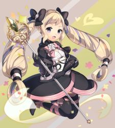 Rule 34 | 1girl, blonde hair, boots, bow, bowtie, dress, elise (fire emblem), fire emblem, fire emblem fates, flower, gloves, heart, komoreg, long hair, nintendo, open mouth, purple eyes, solo, sparkle, staff, twintails