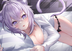 Rule 34 | 1girl, ahoge, animal ears, black panties, breasts, cat ears, cat girl, cat tail, cleavage, cococo moru, collared shirt, commentary, hair between eyes, hololive, large breasts, looking at viewer, lying, naked shirt, nekomata okayu, nekomata okayu (oversized shirt), on bed, on side, open mouth, panties, partially unbuttoned, purple eyes, shirt, tail, underwear, virtual youtuber