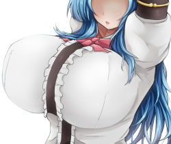 Rule 34 | 1girl, alternate breast size, arms up, bad id, bad pixiv id, blue hair, bow, breast focus, breasts, female focus, frills, head out of frame, hinanawi tenshi, huge breasts, hydrant (kasozama), impossible clothes, impossible shirt, long hair, no eyes, open mouth, shirt, simple background, solo, taut clothes, taut shirt, touhou, upper body, white background