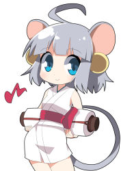 Rule 34 | 1girl, ahoge, animal ears, bare shoulders, blue eyes, blush, bow, character request, closed mouth, commentary request, cowboy shot, fingernails, hair ornament, japanese clothes, kimono, looking at viewer, mouse ears, obi, osaragi mitama, oshiro project:re, oshiro project:re, red bow, sash, silver hair, simple background, sleeveless, sleeveless kimono, smile, solo, white background, white kimono