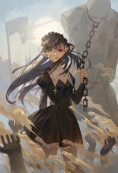 Rule 34 | 1girl, bandage over one eye, black dress, black hair, chain, commentary request, cross, day, dress, flag, floating hair, golem, hand up, highres, holding, ji dao ji, juliet sleeves, latin cross, long hair, long sleeves, looking at viewer, mole, mole under eye, original, outdoors, parted lips, pointy ears, puffy sleeves, red eyes, sand, smile, solo focus, sun, very long hair, wind