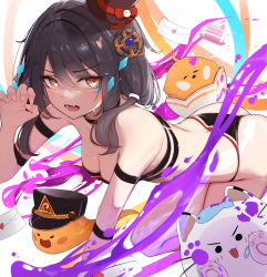Rule 34 | 1girl, absurdres, all fours, arm strap, ass, bare shoulders, bikini, black bikini, black choker, black hair, breasts, canizzz, choker, claw pose, cleavage, elsword, eve (2nas) (elsword), eve (elsword), facial mark, fang, hair ornament, hat, highres, long hair, looking at viewer, mini hat, mini top hat, moby (elsword), open mouth, orange eyes, remy (elsword), small breasts, solo, strapless, strapless bikini, string bikini, sweatdrop, swimsuit, thighs, top hat, v-shaped eyebrows
