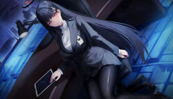 Rule 34 | 1girl, absurdres, black jacket, black pantyhose, black skirt, blazer, blue archive, breasts, chair, desk, desk lamp, hair ornament, hairclip, halo, highres, id card, jacket, kuutamo, lamp, large breasts, long hair, looking at viewer, miniskirt, office chair, pantyhose, parted lips, red eyes, rio (blue archive), sitting, skirt, solo, sweater, swivel chair, tablet pc, turtleneck, turtleneck sweater, very long hair, window