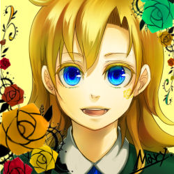 Rule 34 | 1girl, blonde hair, blue eyes, flower, gonza (kimura01), highres, ib (kouri), long hair, mary (ib), rose, smile, solo