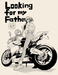 Rule 34 | 1boy, 2girls, anya (spy x family), biker clothes, black hair, boots, child, cone hair bun, earrings, family, father and daughter, gold earrings, hair bun, hairband, hairpods, highres, jacket, jewelry, leather, leather jacket, ly spyl, monochrome, mother and daughter, motor vehicle, motorcycle, multiple girls, on motorcycle, pink hair, riding, short hair with long locks, spy x family, twilight (spy x family), yor briar