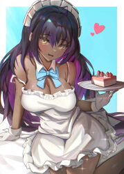 Rule 34 | 1girl, absurdres, apron, bare legs, black hair, blue archive, blue background, blue bow, blue bowtie, blush, bow, bowtie, breasts, cake, cake slice, cleavage, collar, colored inner hair, commentary, dark-skinned female, dark skin, detached collar, dress, food, frilled apron, frilled dress, frills, gloves, hair between eyes, heart, highres, holding, holding plate, humany, karin (blue archive), large breasts, long hair, looking at viewer, maid headdress, multicolored hair, naked apron, no bra, open mouth, outside border, plate, purple hair, solo, strap slip, symbol-only commentary, very long hair, white apron, white collar, white dress, white gloves, yellow eyes