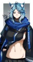 Rule 34 | 1girl, ahoge, animal ear fluff, animal ears, arknights, arrow (projectile), black cape, black shirt, blouse, blue hair, breasts, cape, cowboy shot, gin moku, grey background, highres, midriff, monique (arknights), navel, outside border, quiver, shirt, sideboob, simple background, tsurime