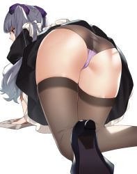Rule 34 | 1girl, all fours, apron, ass, black dress, dress, grey hair, grey panties, grey thighhighs, highres, long hair, maid, maid headdress, original, panties, purple eyes, simple background, sino42, solo, thighhighs, thighs, twintails, underwear, white apron, white background