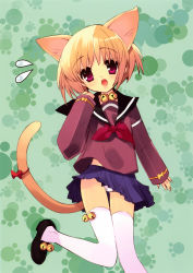 Rule 34 | 1girl, absurdres, animal ears, blonde hair, cat ears, cat tail, clothes lift, highres, ito noizi, koihime musou, loafers, panties, pink eyes, ribbon, school uniform, shoes, shokatsuryou, short hair, skirt, skirt lift, solo, tail, thighhighs, underwear