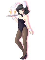 Rule 34 | 1girl, ;d, alternate costume, animal ears, black bow, black bowtie, black footwear, black hair, black pantyhose, blush, bow, bowtie, breasts, detached collar, drink, full body, high heels, holding, holding tray, inaba tewi, isaki (gomi), leotard, looking at viewer, one eye closed, open mouth, pantyhose, playboy bunny, rabbit ears, rabbit girl, rabbit tail, red eyes, shoes, short hair, small breasts, smile, solo, tail, touhou, tray, wrist cuffs