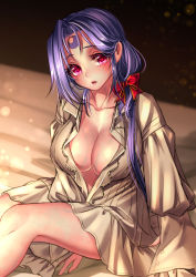 Rule 34 | 1girl, bed sheet, blue hair, blush, breasts, cleavage, collarbone, crescent, hair ribbon, highres, large breasts, long hair, looking at viewer, open clothes, original, red eyes, ribbon, ryuki@maguro-ex, sitting, solo, veins, veiny breasts