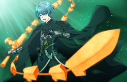 Rule 34 | 1boy, absurdres, aogami0411, arm up, armor, black cape, black gloves, blue eyes, blue hair, byleth (fire emblem), byleth (male) (fire emblem), cape, dagger, fire emblem, fire emblem: three houses, gloves, heroes relic (fire emblem), highres, holding, holding sword, holding weapon, knife, male focus, nintendo, open mouth, short hair, simple background, solo, sword, sword of the creator, weapon, whip sword