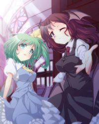 Rule 34 | 2girls, aqua eyes, arm strap, bad hands, daiyousei, demon wings, dress, artistic error, female focus, green hair, head wings, highres, impossible clothes, impossible dress, indoors, koakuma, long skirt, long sleeves, multiple girls, necktie, one eye closed, open mouth, outstretched hand, puffy long sleeves, puffy short sleeves, puffy sleeves, purple eyes, red hair, sawara (starligtvision), short sleeves, side ponytail, skirt, skirt set, stained glass, stairs, sunlight, touhou, vest, window, wings, wink
