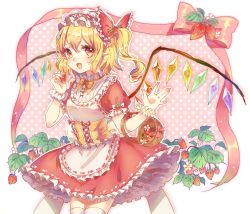 Rule 34 | 1girl, :d, adapted costume, basket, blonde hair, corset, dayu edora, dress, fang, flandre scarlet, food, frilled skirt, frills, fruit, hair ribbon, hairband, hand up, layered dress, lolita hairband, looking at viewer, neck ribbon, open hand, open mouth, petticoat, pointy ears, polka dot, polka dot background, puffy short sleeves, puffy sleeves, red eyes, ribbon, short hair, short sleeves, side ponytail, skirt, smile, solo, strawberry, strawberry background, thighhighs, touhou, white thighhighs, wings, wrist flower, wristband
