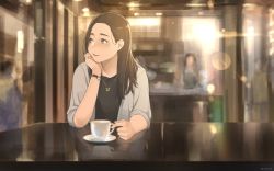 Rule 34 | 1girl, bad id, bad pixiv id, blurry, blurry background, brown eyes, brown hair, coffee mug, commentary, cup, dated, drawrepulser, english commentary, hair behind ear, head rest, highres, jewelry, lens flare, long hair, looking afar, looking to the side, mug, necklace, original, restaurant, saucer, sleeves pushed up, solo focus, table, watch, wristwatch