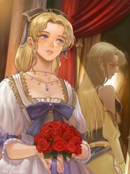 Rule 34 | 2girls, blonde hair, blue eyes, bouquet, celes chere, closed mouth, curtains, dress, dual persona, earrings, final fantasy, final fantasy vi, flower, hair ornament, hair ribbon, holding, holding bouquet, jewelry, lips, long hair, mirror, multiple girls, necklace, regan (hatsumi), ribbon, white dress