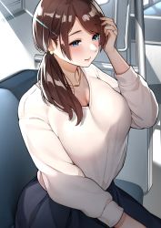 Rule 34 | 1girl, black skirt, blue eyes, blush, breasts, brown hair, cleavage, closed mouth, earrings, hand up, indoors, jewelry, large breasts, lips, long hair, long sleeves, mature female, necklace, original, ring, sakura no tomoru hi e, shirt, shirt tucked in, sitting, skirt, solo, train interior, white shirt