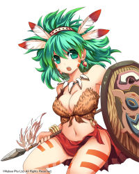 Rule 34 | 1girl, bare shoulders, breasts, cleavage, earrings, fantasy, green eyes, green hair, jewelry, large breasts, lots of jewelry, matching hair/eyes, navel, original, polearm, shield, solo, spear, suoni (deeperocean), tattoo, thighs, tribal, weapon