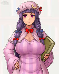 Rule 34 | 1girl, blue bow, book, bow, breasts, capelet, cleavage, crescent, crescent hair ornament, dress, erkaz, female focus, frown, hair ornament, hand on own hip, hat, hat ribbon, highres, large breasts, long hair, looking at viewer, mob cap, patchouli knowledge, purple dress, purple eyes, purple hair, red bow, ribbon, solo, striped clothes, striped dress, touhou, traditional media, upper body, vertical-striped clothes, vertical-striped dress, wide hips