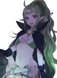 Rule 34 | 1girl, ahoge, belt, black gloves, blush, bow, cape, circlet, commentary request, eyelashes, fire emblem, fire emblem awakening, flat chest, gloves, green hair, highres, long hair, midriff, navel, nintendo, nowi (fire emblem), open mouth, pink bow, pointy ears, ponytail, purple eyes, simple background, solo, ume ryou, white background