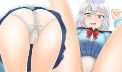 Rule 34 | 1girl, absurdres, blush, bow, breasts, cameltoe, fang, green eyes, highres, large breasts, looking at viewer, medium hair, multiple views, open mouth, panties, poa mellhen, red bow, silver hair, simple background, skirt, smile, tejina senpai, tejina senpai (series), underwear, upskirt, white background, white panties